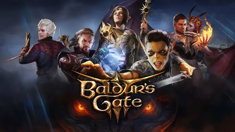 Karakter Baldur’s Gate 3 menjelajahi kota fantasi dengan kastil dan pertarungan sihir, suasana malam magis